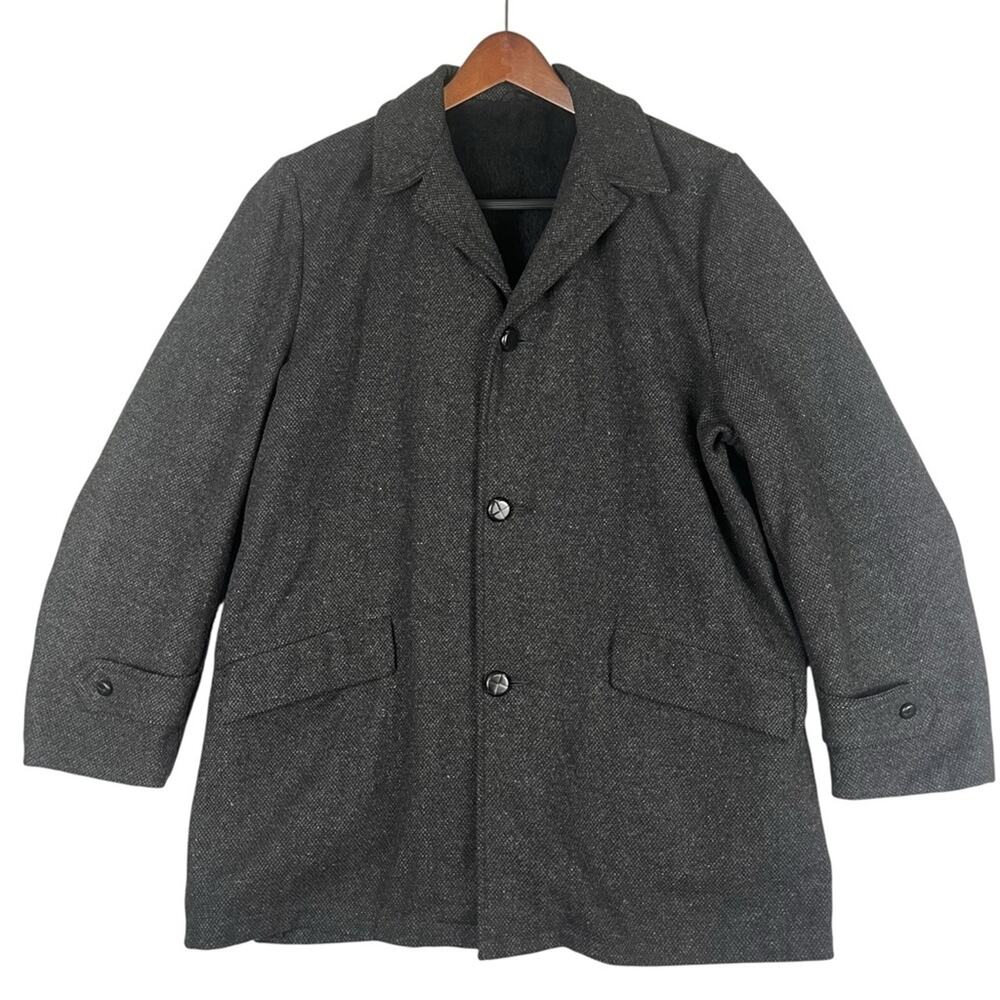 Vintage Tweed Car Coat Mens 42 Black Grey Wool w/ Faux Fur Lining Preppy Winter